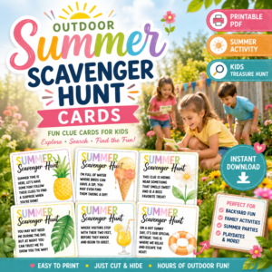 Colorful outdoor summer scavenger hunt cards printable featuring children playing in a sunny backyard with clue cards, tropical illustrations, and instant download badge.