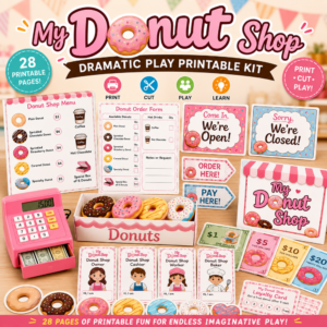 Donut Shop Dramatic Play Printable Kit featuring menus, order forms, play money, donut shop signs, role cards, loyalty cards, and printable donuts for kids.