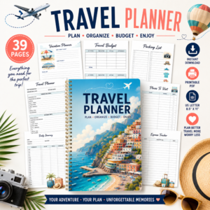 Travel planner printable bundle featuring budget trackers, packing lists, itineraries, and travel journal pages.