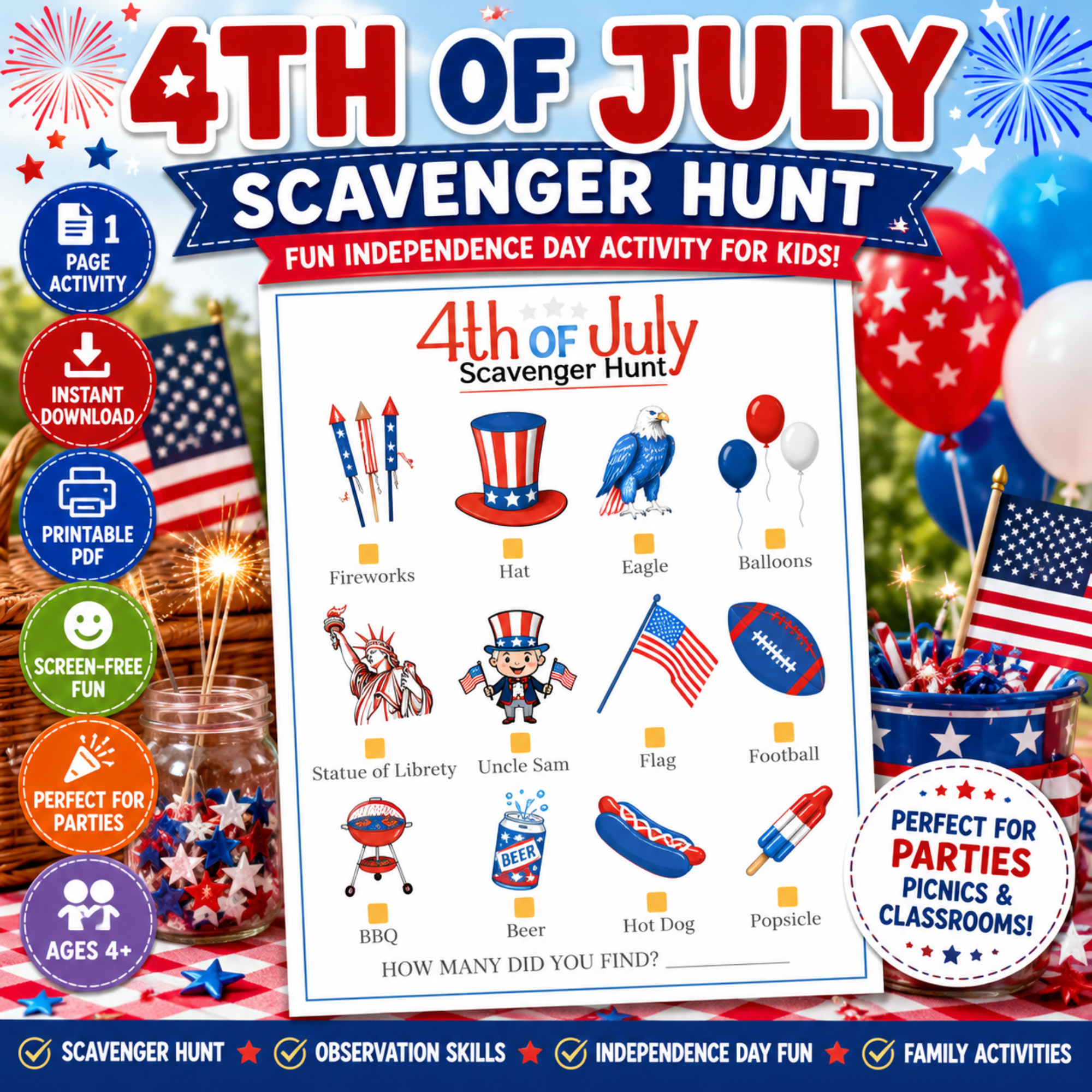 4th of July Scavenger Hunt Printable PDF for Kids 1 Patriotic 4th of July scavenger hunt printable activity sheet for kids with holiday-themed items to find.