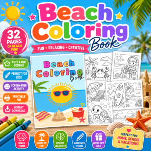 Colorful Beach Coloring Book printable featuring 32 beach-themed coloring pages for kids with ocean, sandcastle, and summer illustrations.