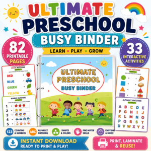 Ultimate Preschool Busy Binder printable PDF with 82 pages and 33 preschool learning activities for ages 3 to 5