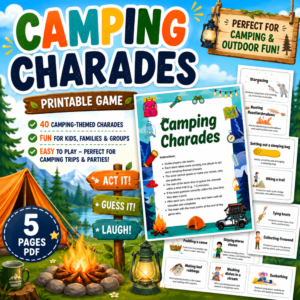 Colorful Camping Charades printable game listing image featuring camping-themed activity cards, campfire, tent, lantern, and 5-page PDF digital download.