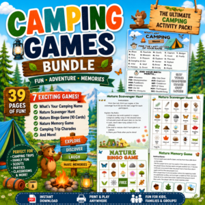 Colorful Camping Games Bundle printable activity pack featuring scavenger hunt, nature bingo, memory game, camping charades, and family camping activities in a 39-page PDF.
