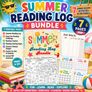 Colorful Summer Reading Log Bundle printable featuring reading logs, reading challenge pages, reading trackers, coloring activities, and a 7-page PDF download for kids.