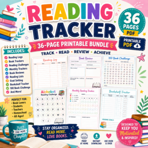 Colorful Reading Tracker Bundle printable featuring reading logs, book reviews, reading challenges, monthly trackers, bookshelf trackers, and a 36-page PDF for teens and book lovers.