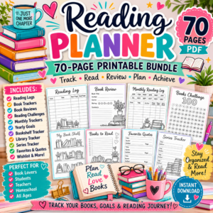 Colorful Reading Planner printable bundle featuring reading logs, book reviews, reading challenges, bookshelf trackers, favorite quotes pages, and a 70-page PDF for book lovers.