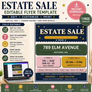 Promotional image for an editable Estate Sale Flyer Canva template featuring a customizable estate sale poster, instant download badge, and editable text fields for location, date, time, and contact information.