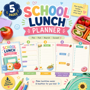 Colorful School Lunch Planner printable featuring 5 planning pages for lunch ideas, mains, fruits and vegetables, drinks, snacks, and treats.
