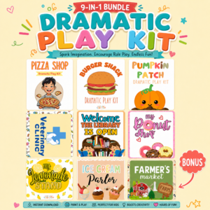 Colorful 9-in-1 dramatic play bundle featuring Pizza Shop, Burger Shack, Pumpkin Patch, Veterinary Clinic, Library, Donut Shop, Lemonade Stand, Ice Cream Parlor, and bonus Farmer's Market printable activities.