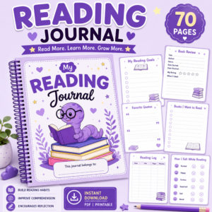 Purple Reading Journal Planner printable featuring 70 pages of reading logs, book reviews, reading goals, favorite quotes, book trackers, and reading reflection pages.