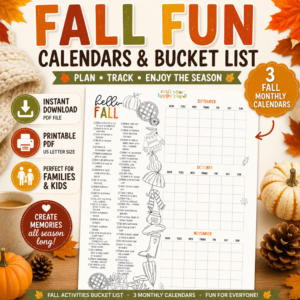 Fall Fun Calendars and Bucket List printable featuring September, October, and November monthly calendars with autumn-themed activities, pumpkins, leaves, and cozy seasonal decorations.