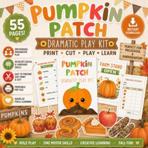 Colorful Pumpkin Patch Dramatic Play Kit printable featuring pumpkin patch signs, farm stand printables, price lists, order forms, and fall-themed role play activities for preschool and kindergarten.