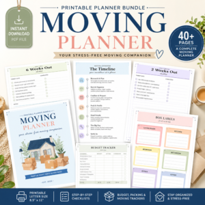 Printable Moving Planner Bundle featuring moving checklists, timeline planner, budget tracker, box labels, and relocation worksheets for stress-free moving.