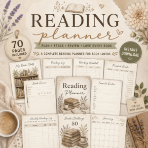 Beige Reading Planner printable PDF featuring 70 pages of reading logs, book reviews, reading challenges, book trackers, and monthly reading planners for book lovers.