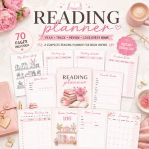 Pink Reading Planner printable PDF featuring 70 pages of reading logs, book reviews, reading challenges, book trackers, favorite quotes, and monthly planning pages for book lovers.