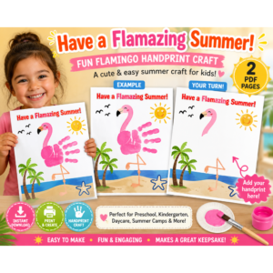 Hero image featuring a Flamingo Handprint Craft Printable PDF with a child holding the completed handprint flamingo, a finished example page, a blank template page, and summer-themed craft elements. Perfect for preschool, kindergarten, daycare, and homeschool activities.