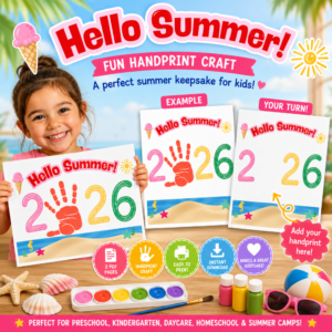 Hero image featuring the Hello Summer 2026 Handprint Craft Printable PDF with a smiling child holding the completed handprint keepsake, alongside the finished example page and blank template. Perfect for preschool, kindergarten, daycare, homeschool, and summer camp activities.