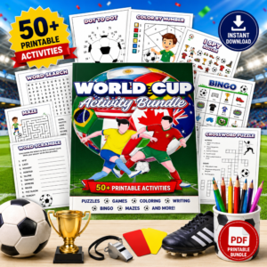 Hero image showcasing a World Cup Activity Bundle printable PDF with over 50 soccer-themed worksheets and games for kids, including bingo, mazes, word search, dot-to-dot, color by number, crossword puzzles, and educational activities.