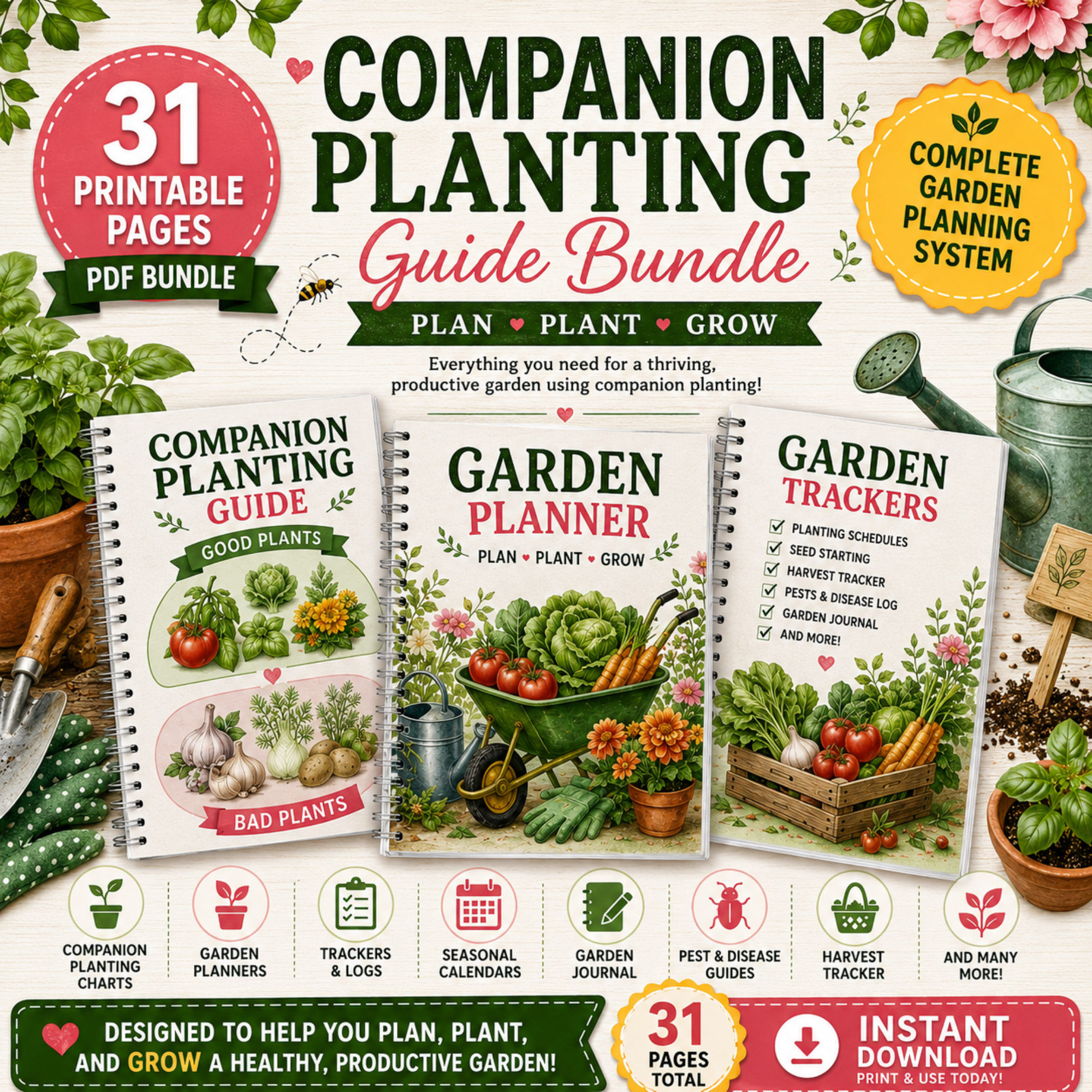 Companion Planting Guide Bundle Printable PDF | 31 Pages | Garden Planner, Companion Planting Charts & Garden Tracker 1 Companion planting guide bundle printable PDF with 31 pages including garden planner, companion planting charts, trackers, and gardening resources