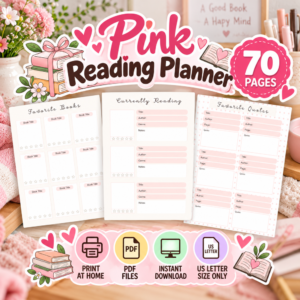 Pink Reading Planner Printable PDF | 70 Page Book Journal & Reading Tracker