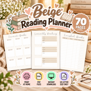 Beige Reading Planner Printable PDF | 70-Page Book Journal & Reading Tracker