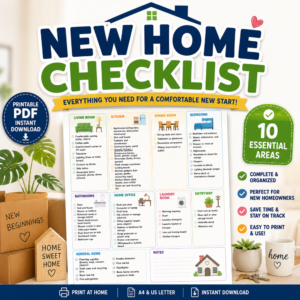 Printable New Home Checklist PDF featuring room-by-room home essentials for moving, organizing, and setting up a new house.