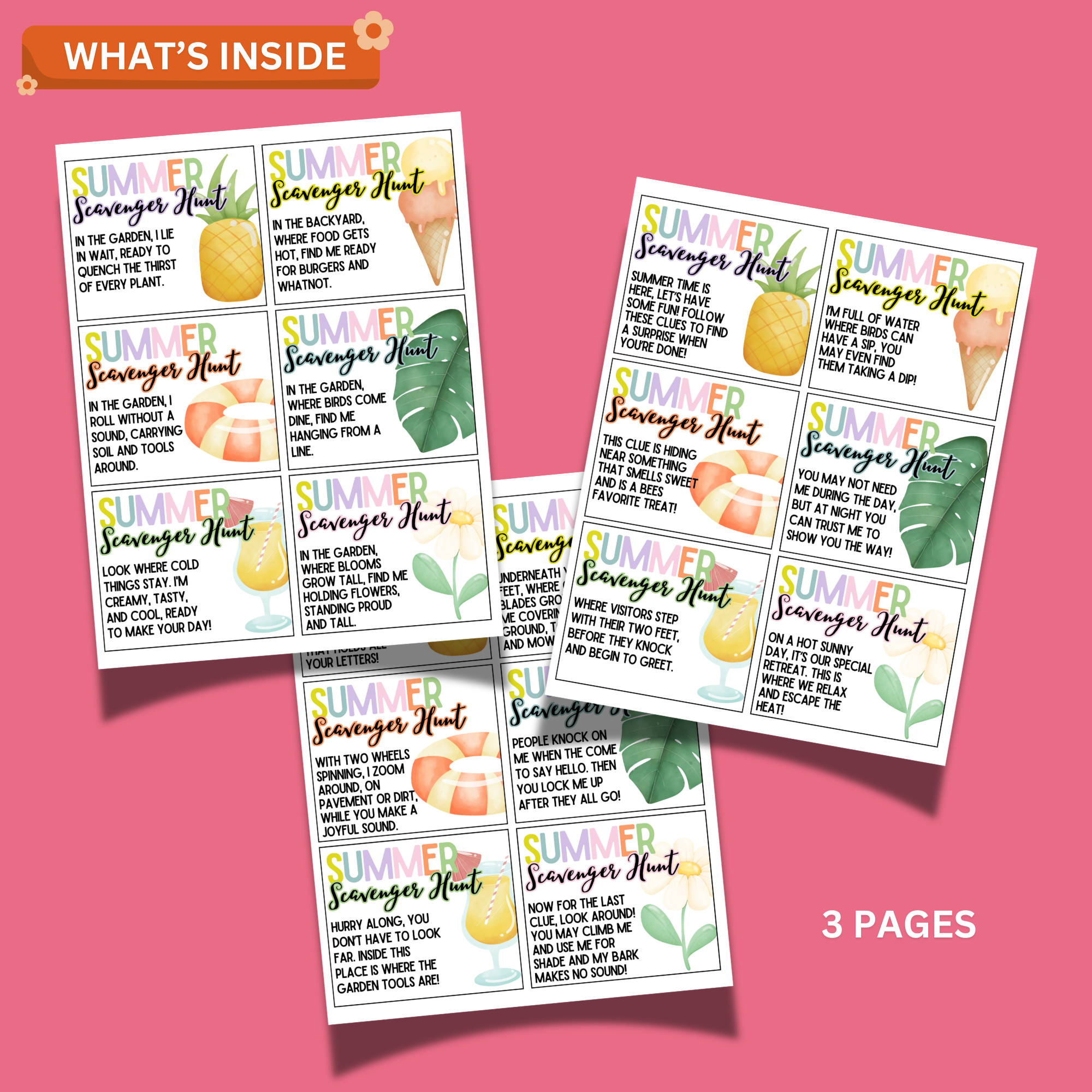Outdoor Summer Scavenger Hunt Cards Printable PDF | Kids Treasure Hunt Game & Backyard Activity 2 Preview of printable summer scavenger hunt cards showing multiple pages of colorful clue cards with tropical summer illustrations and kid-friendly riddles.
