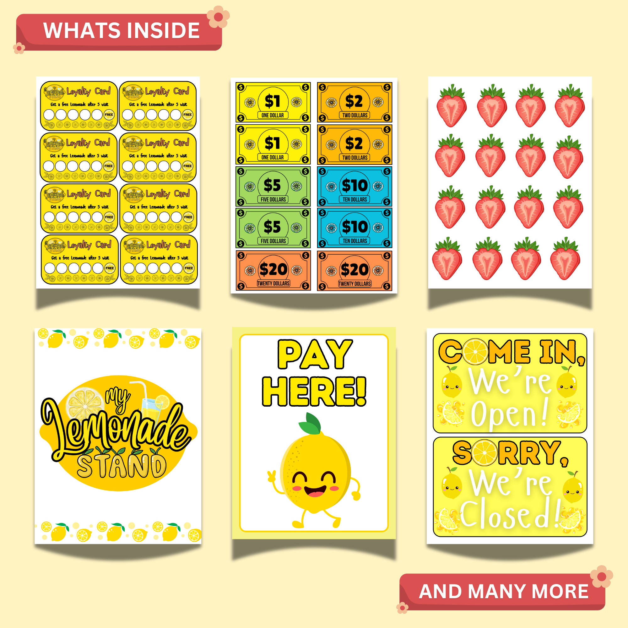Lemonade Stand Dramatic Play for Kids Printable Kit, Print and Cut Activity for Children (Digital Download) 2 Printable lemonade stand activities featuring loyalty cards, play money, fruit tokens, lemonade stand signs, and pretend play materials for preschool and kindergarten.