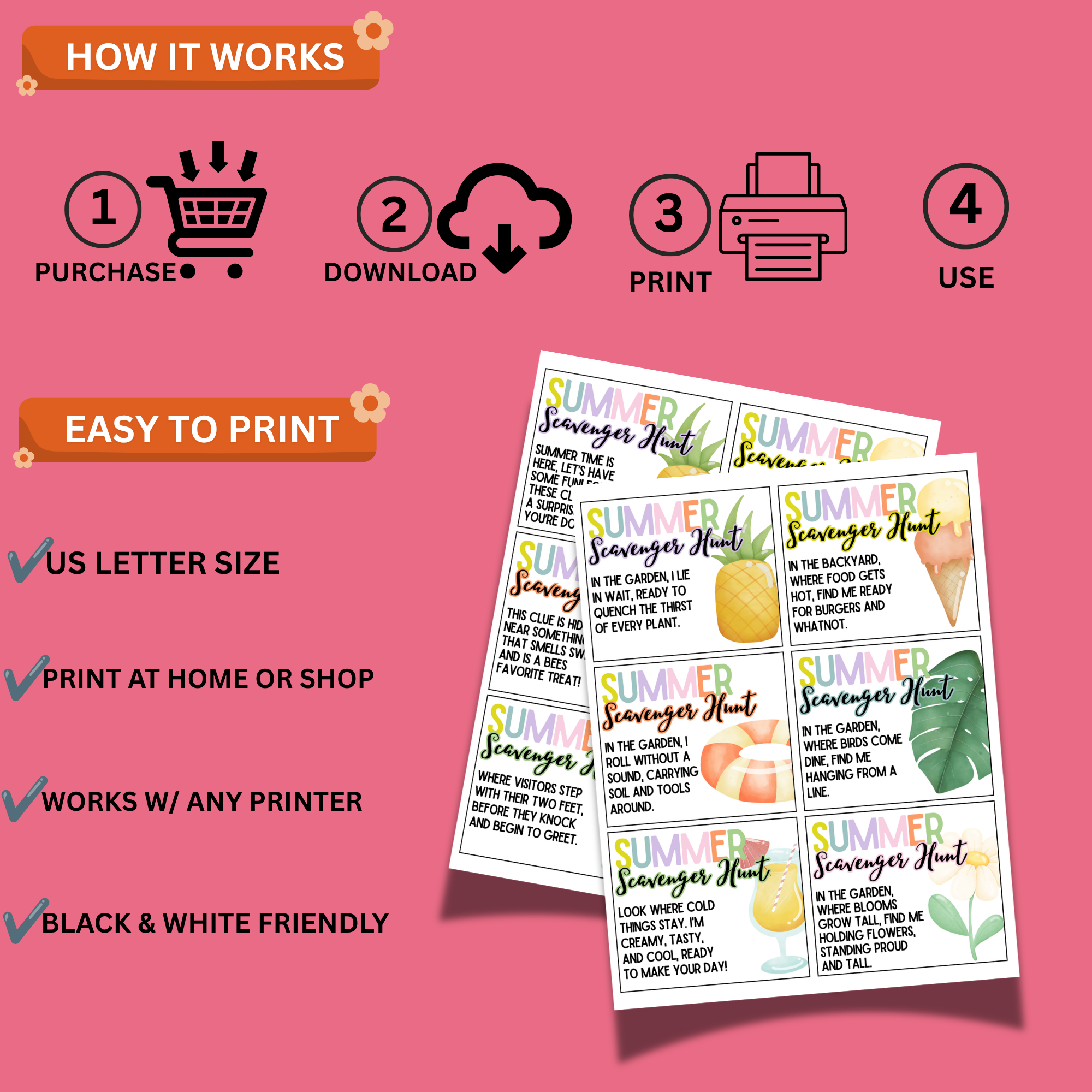 Outdoor Summer Scavenger Hunt Cards Printable PDF | Kids Treasure Hunt Game & Backyard Activity 3 Printable summer scavenger hunt instructions showing purchase, download, print, and play steps with printable clue card examples.