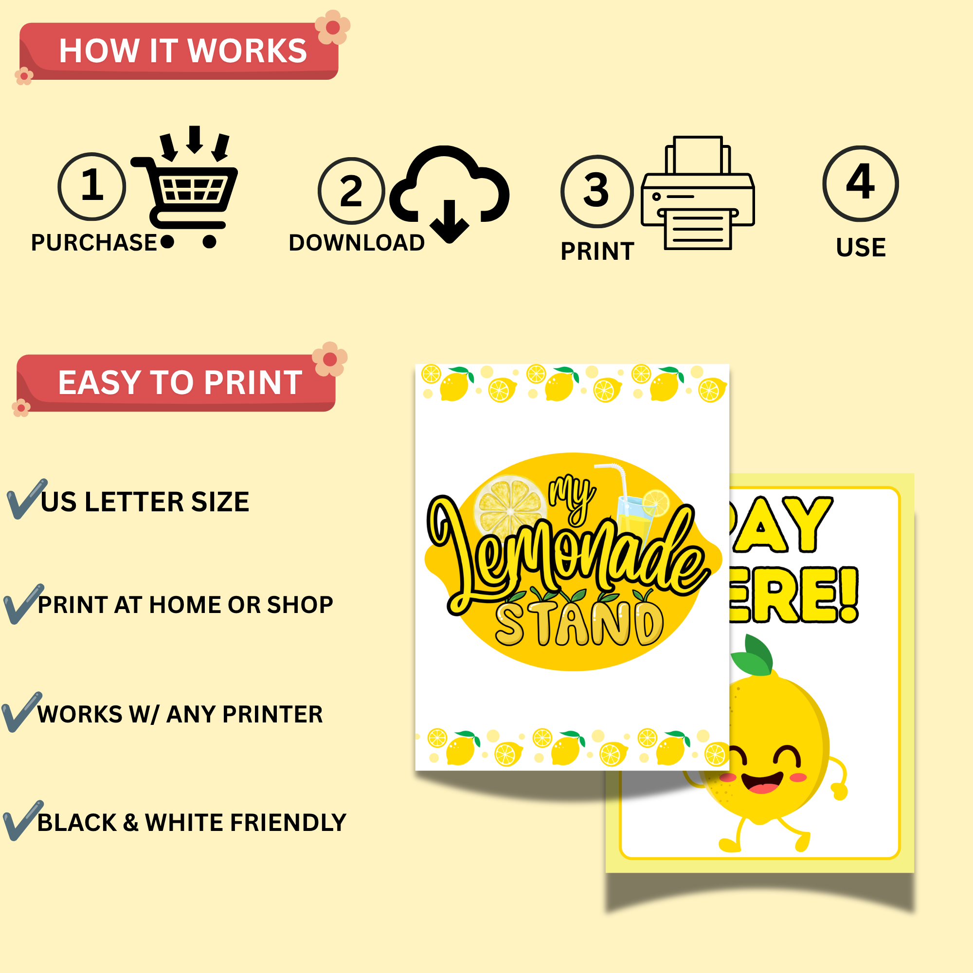 Lemonade Stand Dramatic Play for Kids Printable Kit, Print and Cut Activity for Children (Digital Download) 3 Instructions showing how to purchase, download, print, and use the Lemonade Stand Dramatic Play Printable Pack with US Letter size pages.