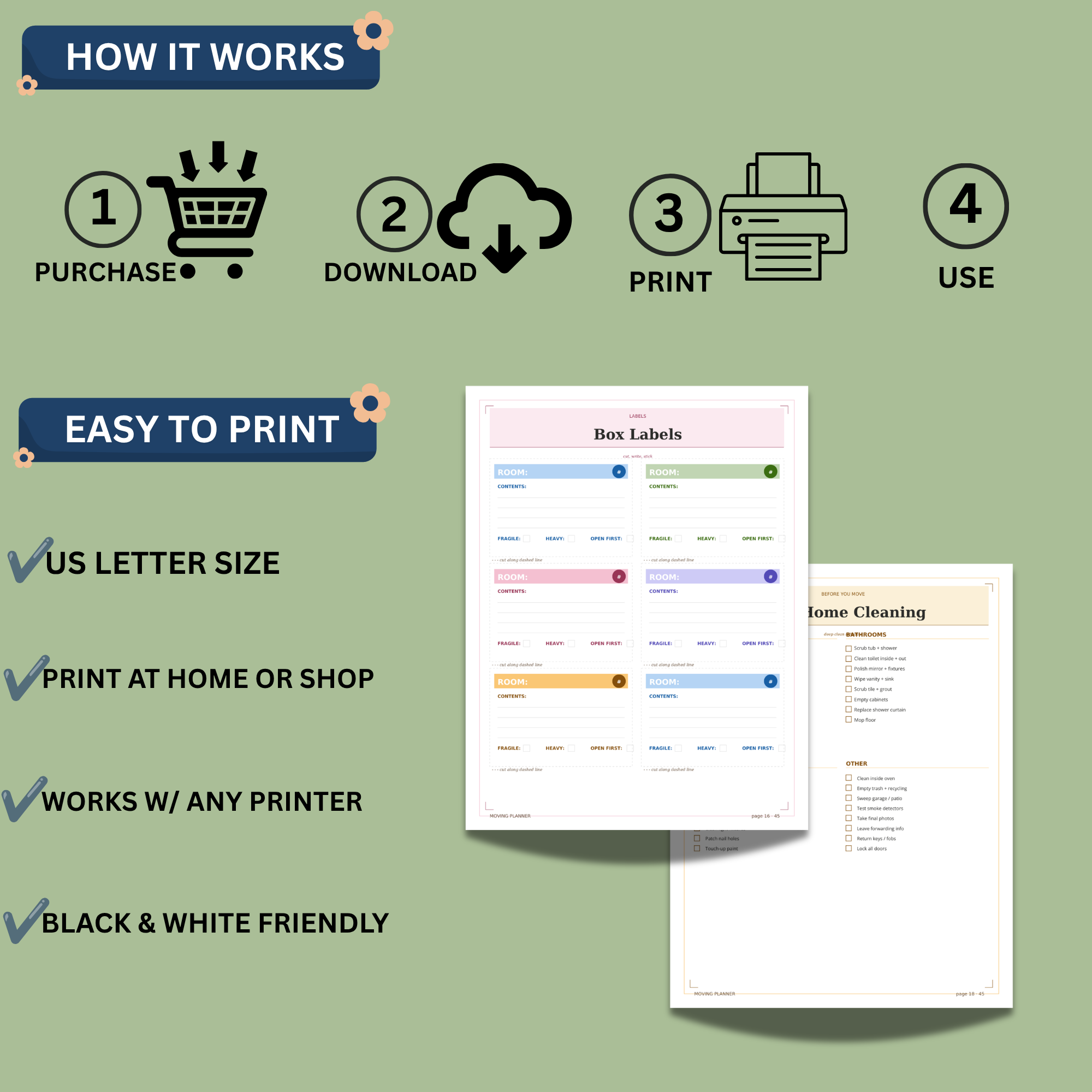 Printable Moving Planner Bundle | Moving Checklist & Relocation Organizer PDF 3 Step-by-step instructions showing how to purchase, download, print, and use the Moving Planner Bundle with printable US Letter size pages.