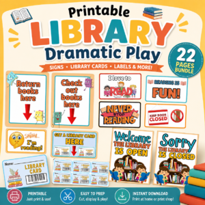 Library Dramatic Play Printables PDF Bundle for Kids | 22 Page Reading Center & Pretend Play Activity Kit