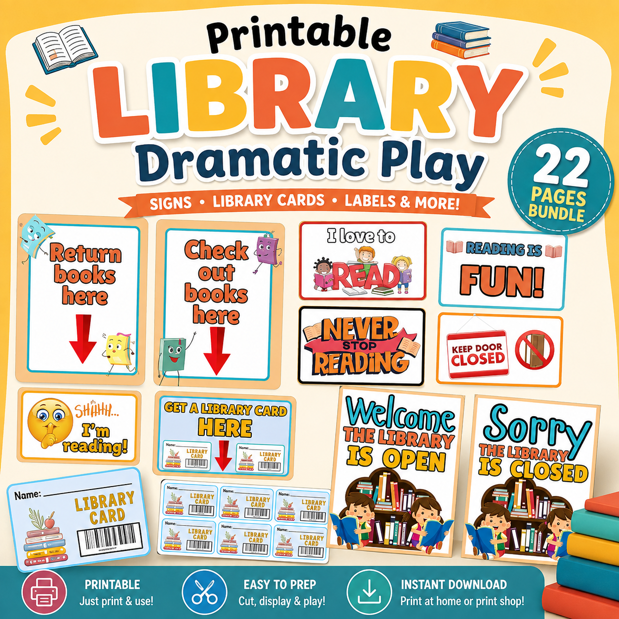 Library Dramatic Play Printables PDF Bundle for Kids | 22 Page Reading Center & Pretend Play Activity Kit 1 Library Dramatic Play Printables PDF Bundle for Kids | 22 Page Reading Center & Pretend Play Activity Kit