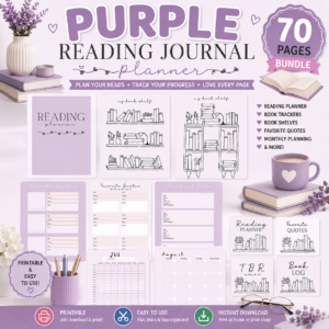 Purple Reading Journal Planner Printable PDF | 70 Page Book Tracker & Reading Log