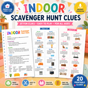 Hero image showcasing a printable Indoor Scavenger Hunt Clues PDF with three preview pages, including instructions, 20 clue cards, answer key, instant download, and family-friendly indoor activity for kids.