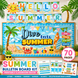 70-page summer bulletin board kit with printable classroom decor, banners, borders, letters, tropical beach accents, and summer learning decorations