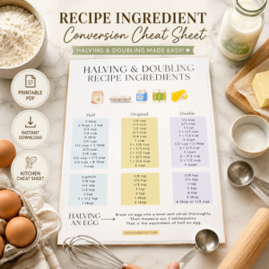 Recipe Ingredient Conversion Cheat Sheet printable displayed on a kitchen countertop with eggs, flour, butter, measuring cups, whisk, and baking tools.