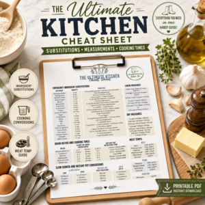 Ultimate Kitchen Cheat Sheet printable displayed on a clipboard with measuring spoons, flour, eggs, butter, garlic, herbs, olive oil, and baking essentials on a marble countertop.
