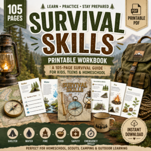 Hero image featuring a Survival Skills Printable Workbook PDF with a 105-page homeschool survival guide, printable pages, camping gear, backpack, compass, and outdoor learning resources.