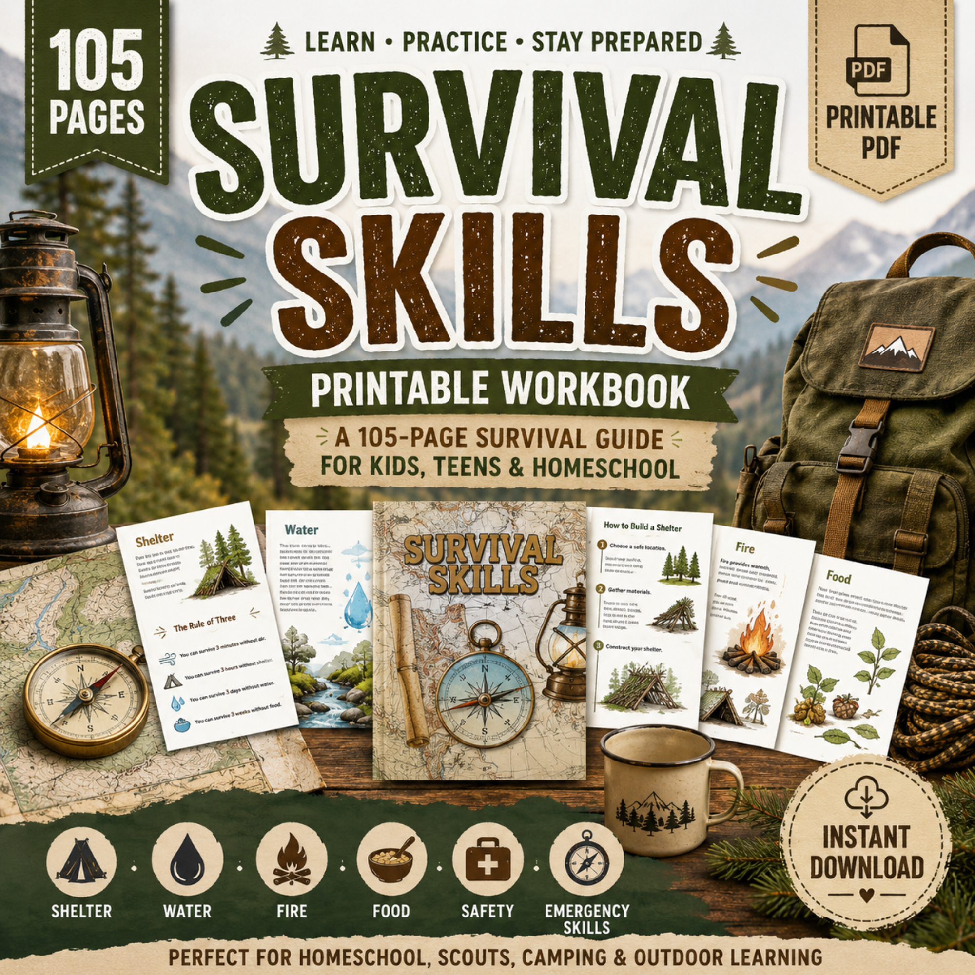 Survival Skills Printable Workbook PDF | 105-Page Homeschool Guide 1 Hero image featuring a Survival Skills Printable Workbook PDF with a 105-page homeschool survival guide, printable pages, camping gear, backpack, compass, and outdoor learning resources.