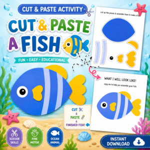 Colorful Cut & Paste Fish Printable worksheet for preschool and kindergarten children featuring an ocean-themed scissor skills and fine motor activity PDF.