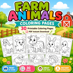 Colorful promotional image for a 30-page Farm Animals Coloring Pages printable PDF featuring cute cow, pig, horse, rabbit, sheep, duck, turkey, and chick coloring sheets with instant download badges.