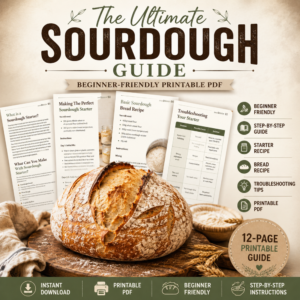 Ultimate Sourdough Guide printable PDF with artisan sourdough bread, beginner baking instructions, starter recipe, and step-by-step guide.