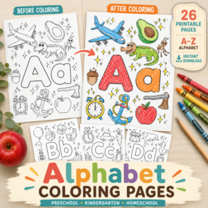 A before and after mockup of printable alphabet coloring pages featuring the Letter A worksheet in black and white beside a realistically colored version, with Letter B, C, and D preview pages, crayons, and an instant download badge.