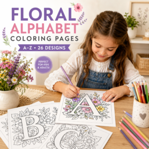 Floral alphabet coloring pages A–Z printable PDF with 26 flower letter designs for kids and adults