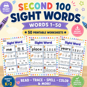 Second 100 sight words printable worksheets words 1–50 for reading, tracing, spelling, and literacy practice