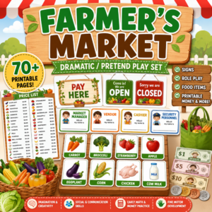 Farmers Market dramatic play printable set with signs, pretend food, role-play cards, price list, and play money for kids