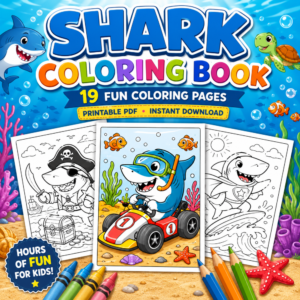 Shark Coloring Book printable for kids featuring 19 fun shark coloring pages with playful underwater scenes and instant PDF download.
