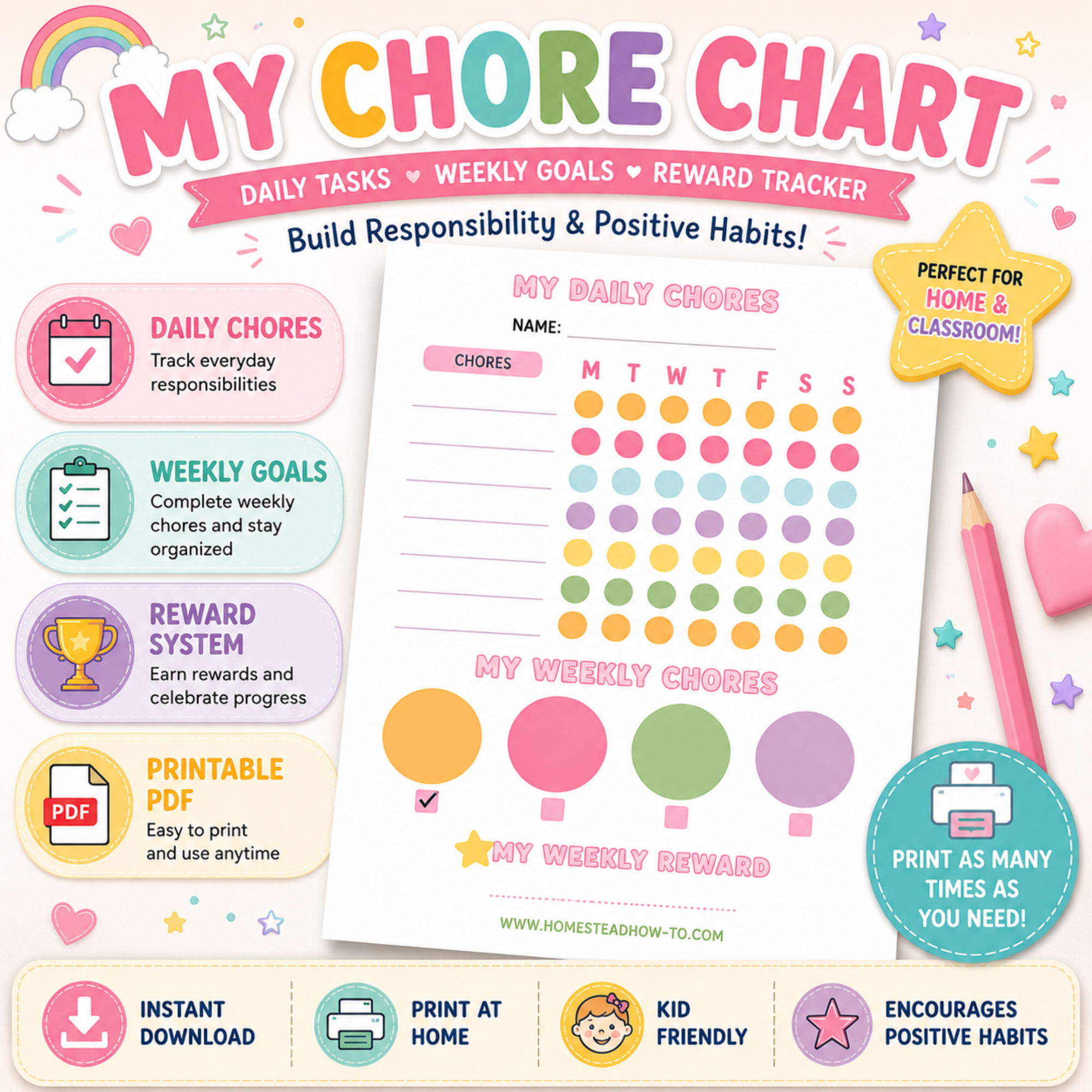 Kids Chore Chart Printable PDF | Daily & Weekly Responsibility & Reward Tracker 1 Colorful hero image featuring a printable kids chore chart with daily task tracking, weekly goals, reward system, printable PDF icons, and pastel graphics for home and classroom use.